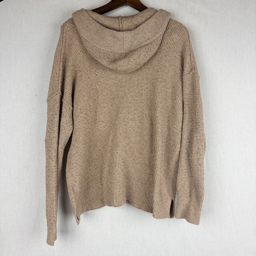 Aerie Tan Waffle Knit Hooded V-Neck‎ Sweater Womens XS Relaxed Fit  Pullover - Picture 7 of 13